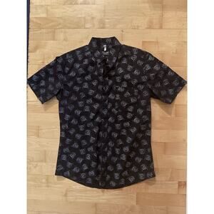 STRAIGHT TO HELL Leather Jacket Print Short Sleeve Black Collared Shirt M